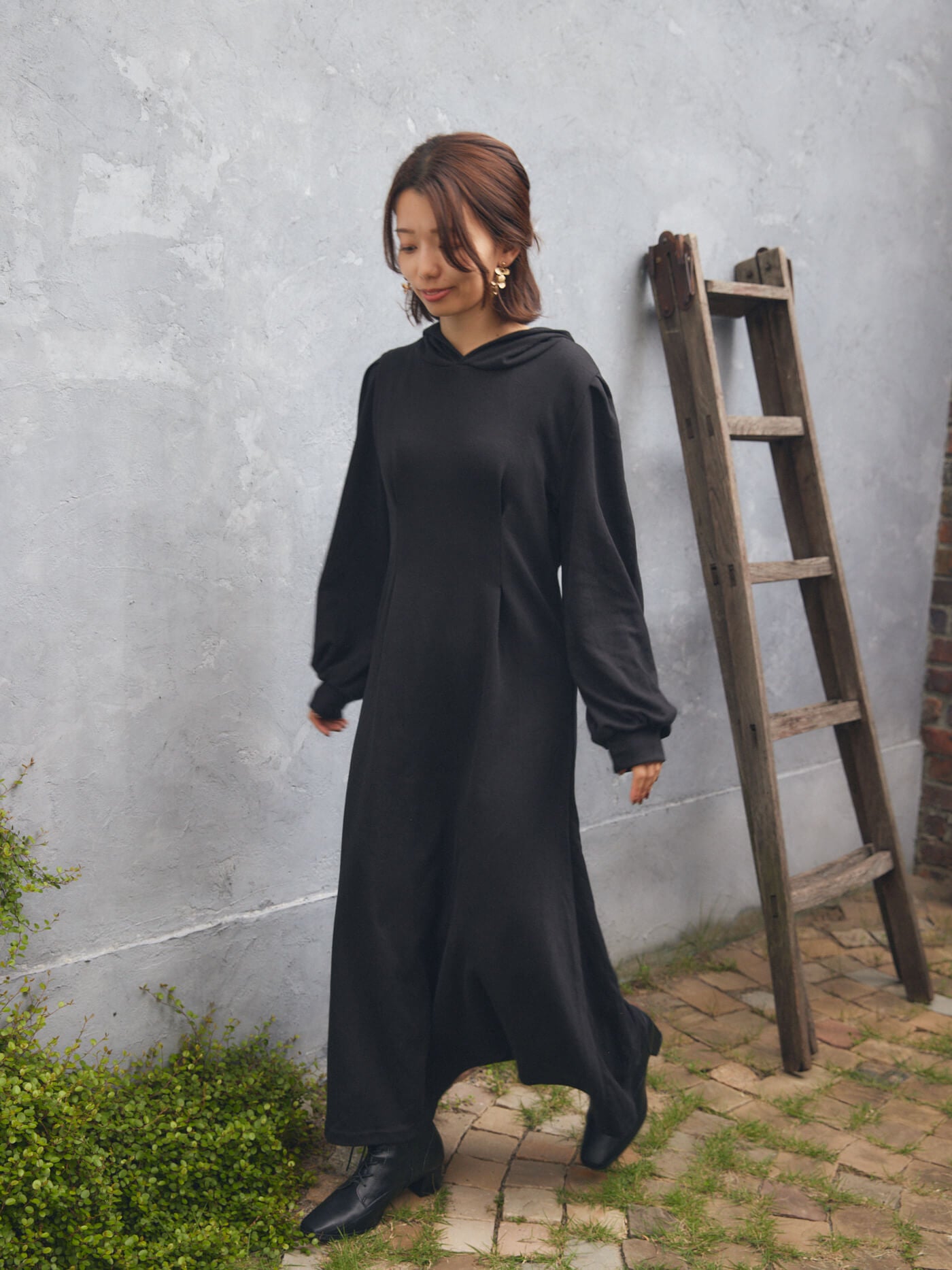 pin tuck hood long one-piece