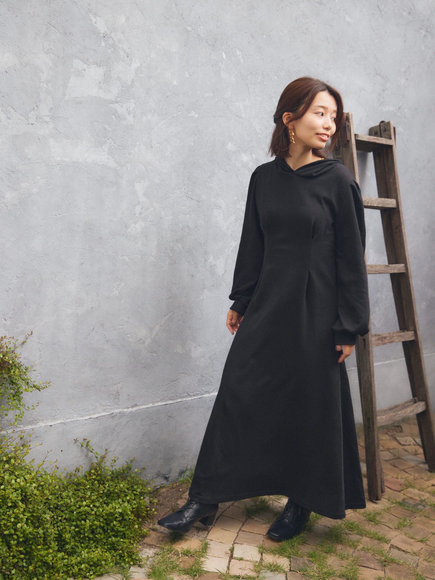pin tuck hood long one-piece