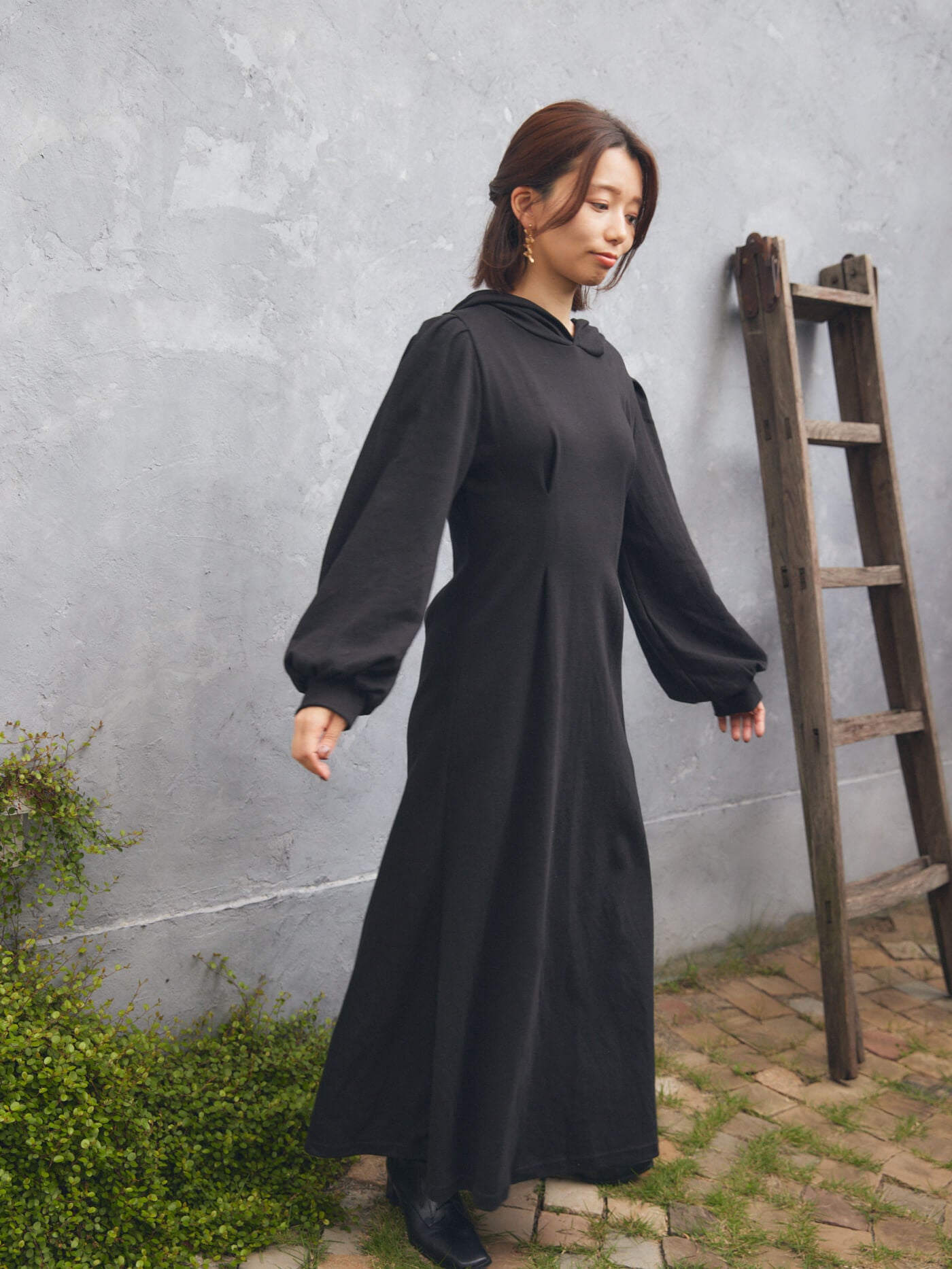 pin tuck hood long one-piece