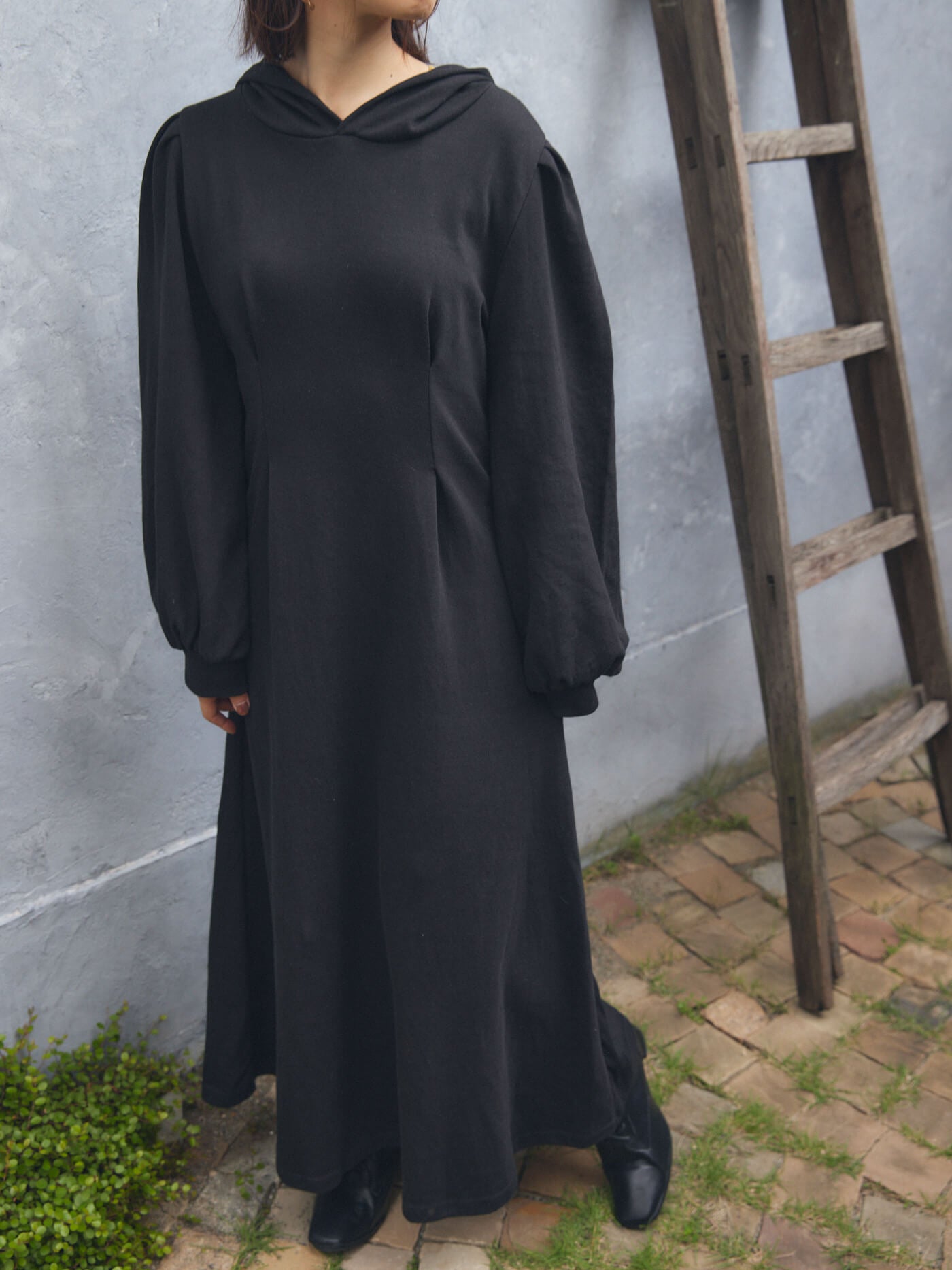 pin tuck hood long one-piece
