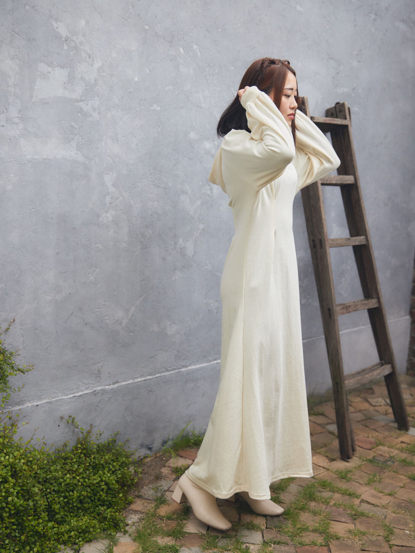 pin tuck hood long one-piece